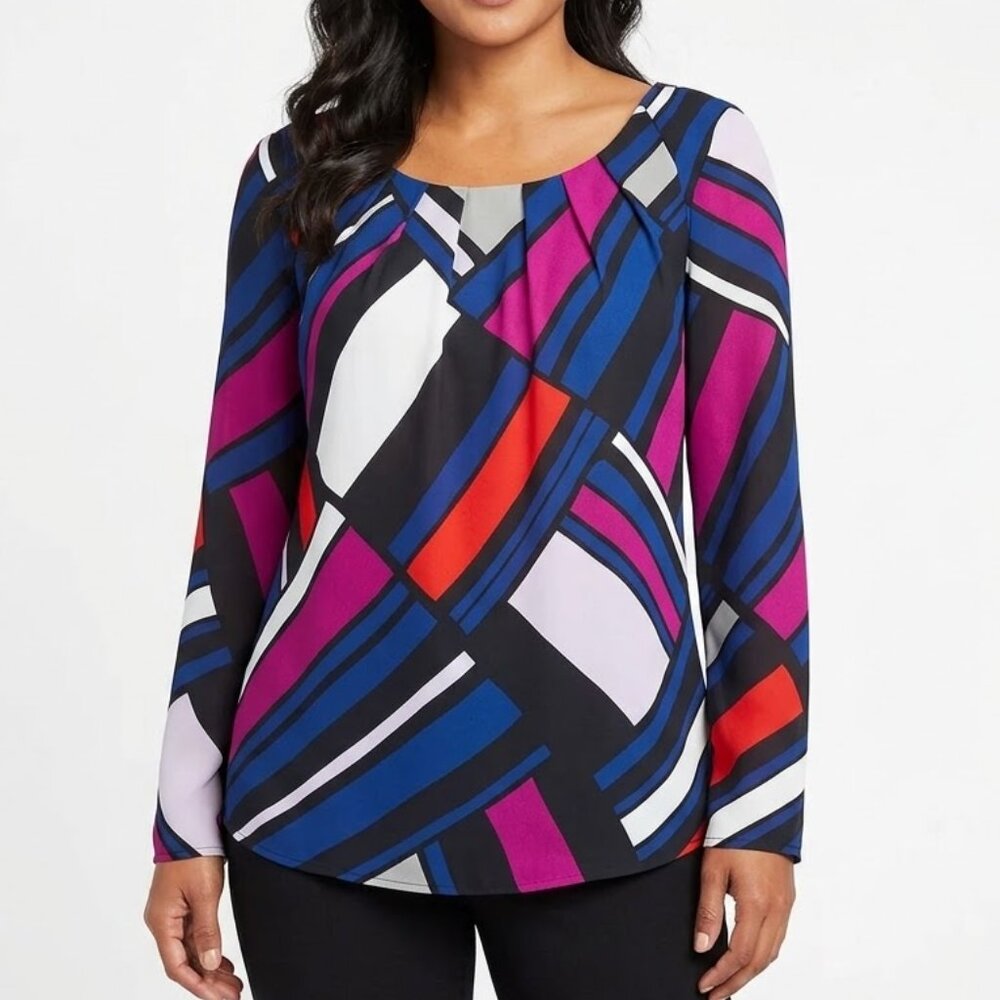 Worthington Geometric Print Lace-Up Back Blouse XL Neo-Mod Statement